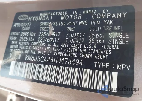 2017 Hyundai Tucson Se Plus из США, поврежденный, VIN KM8J3CA44HU473494